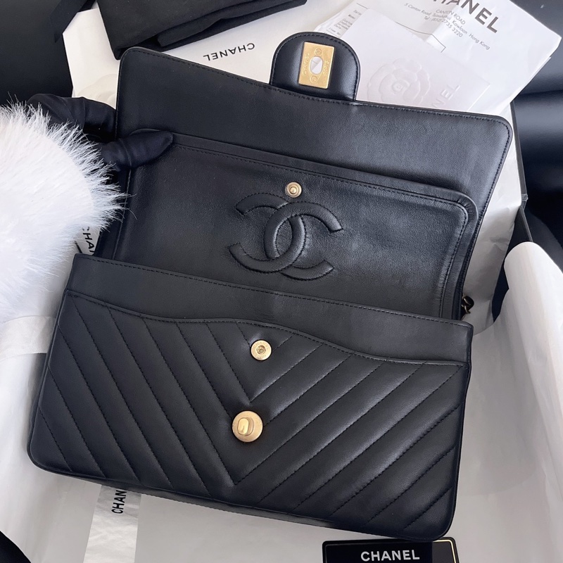 【近新閒置品】Chanel香奈兒黑金v紋 cf中號鏈條包27開斜挎包-6