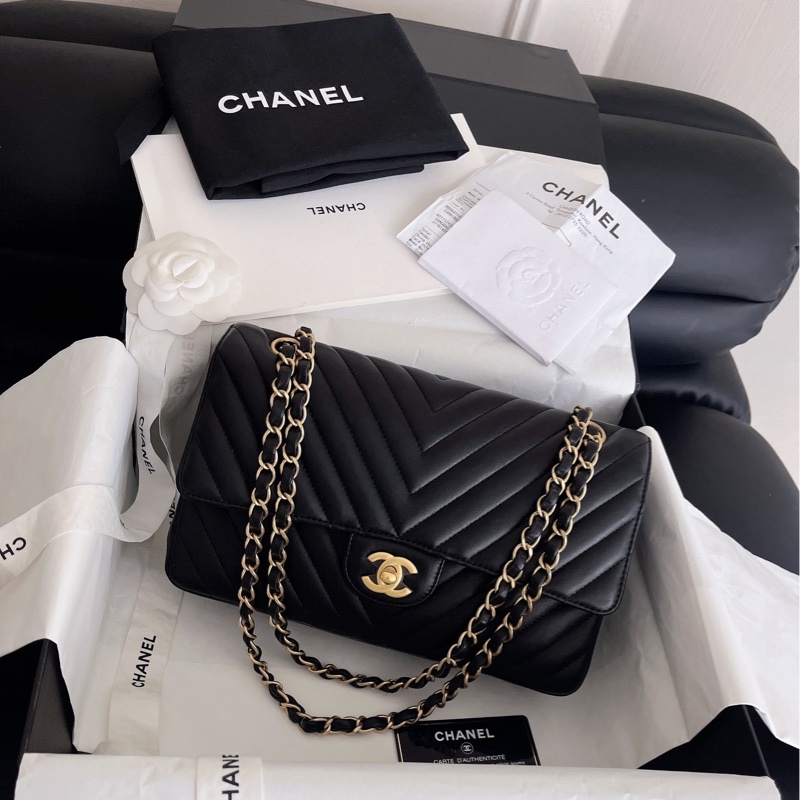 【近新閒置品】Chanel香奈兒黑金v紋 cf中號鏈條包27開斜挎包-7