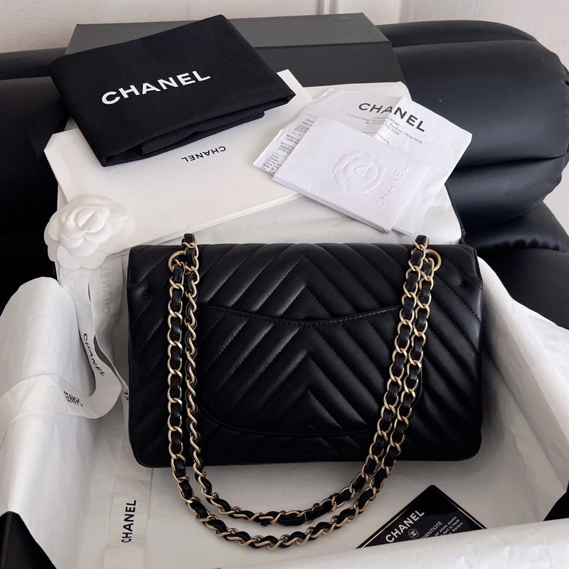 【近新閒置品】Chanel香奈兒黑金v紋 cf中號鏈條包27開斜挎包-8