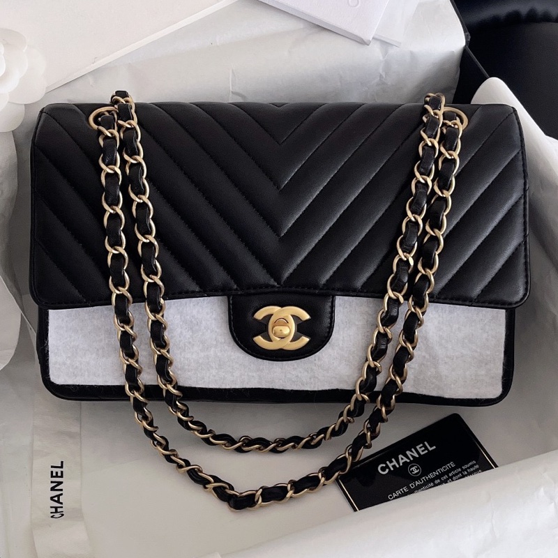 【近新閒置品】Chanel香奈兒黑金v紋 cf中號鏈條包27開斜挎包-9