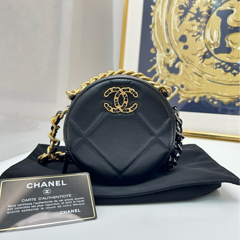 【99❤️】Chanel 19系列雙C菱格紋小圓餅 鏈條包 單肩斜挎包 黑金羊皮-0