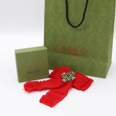 GUCCI 古馳 紅色羅緞水晶蝴蝶結胸針