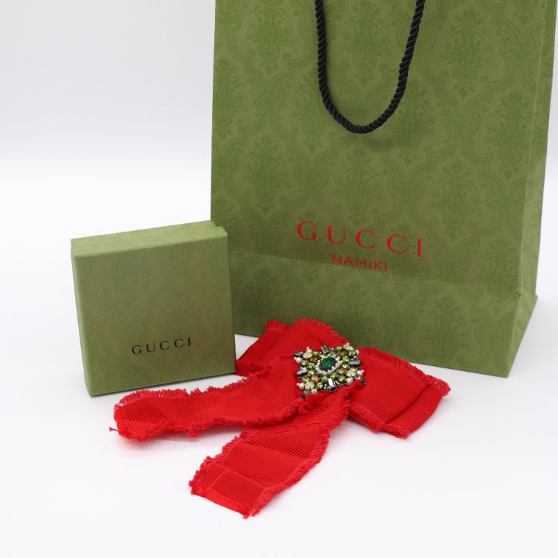 GUCCI 古馳 紅色羅緞水晶蝴蝶結胸針-0