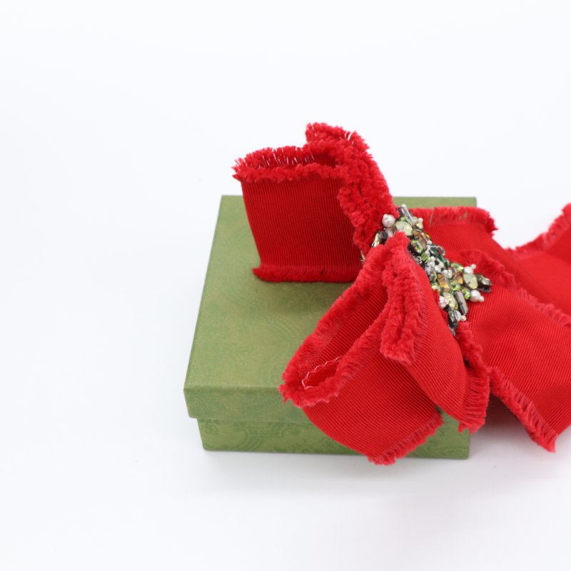 GUCCI 古馳 紅色羅緞水晶蝴蝶結胸針-3