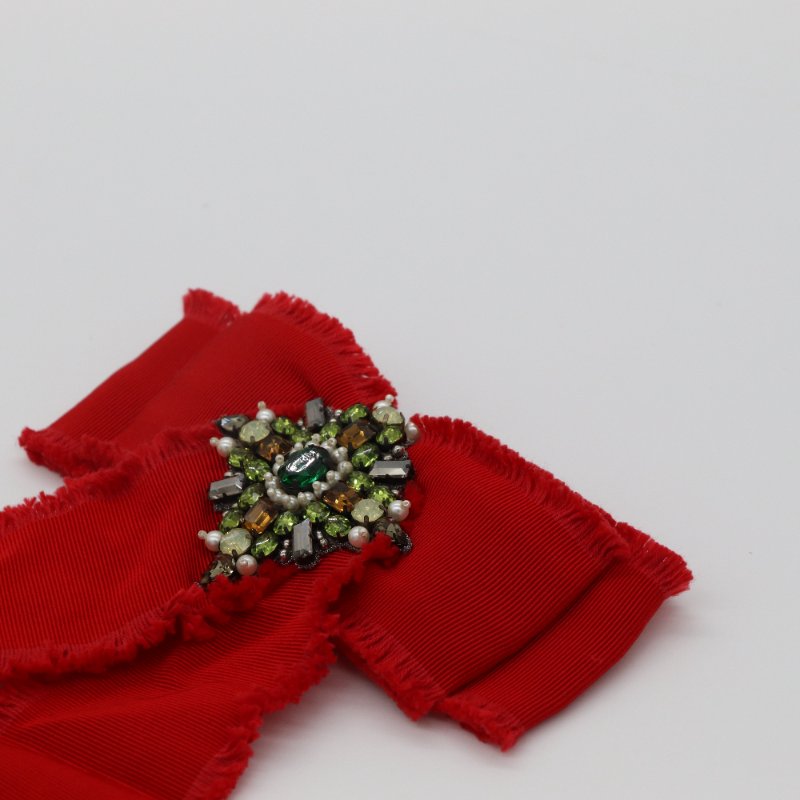 GUCCI 古馳 紅色羅緞水晶蝴蝶結胸針-4