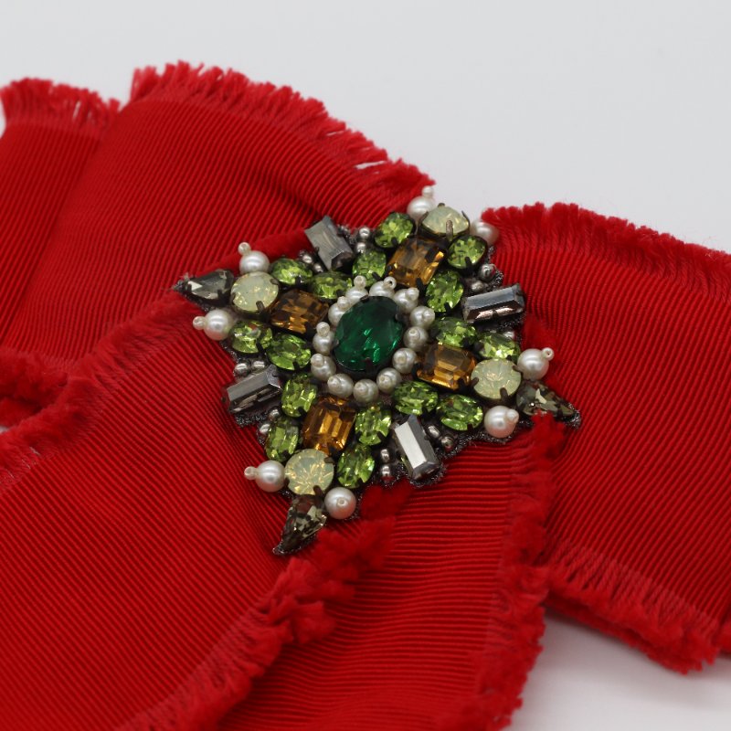 GUCCI 古馳 紅色羅緞水晶蝴蝶結胸針-5