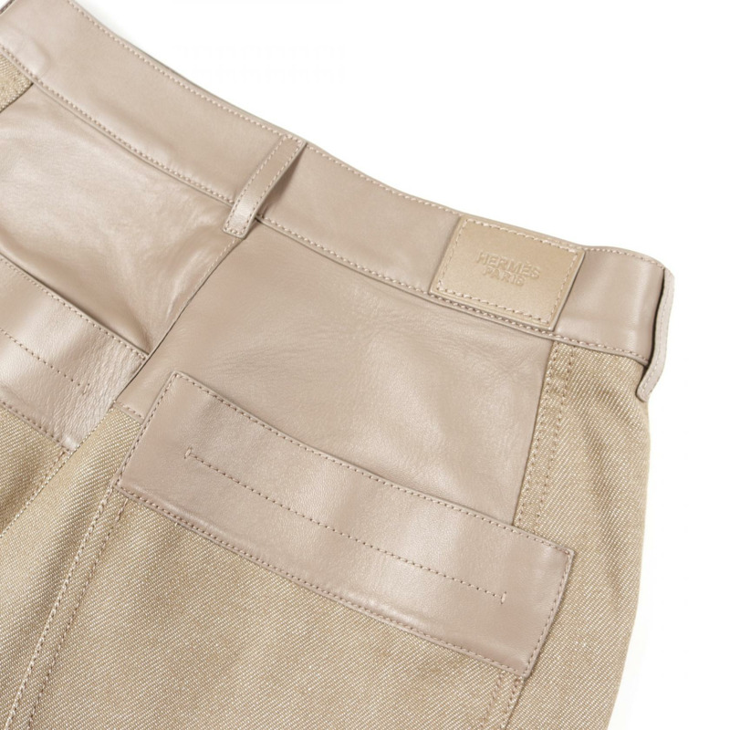愛馬仕米色棉質皮革長褲，二手女款，34碼-6