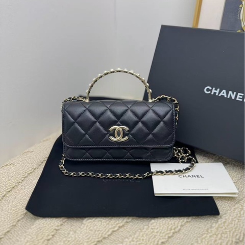 【 閒置全套❤️】Chane 黑金24S珍珠手柄 mini 風琴Woc 鏈條包斜挎包