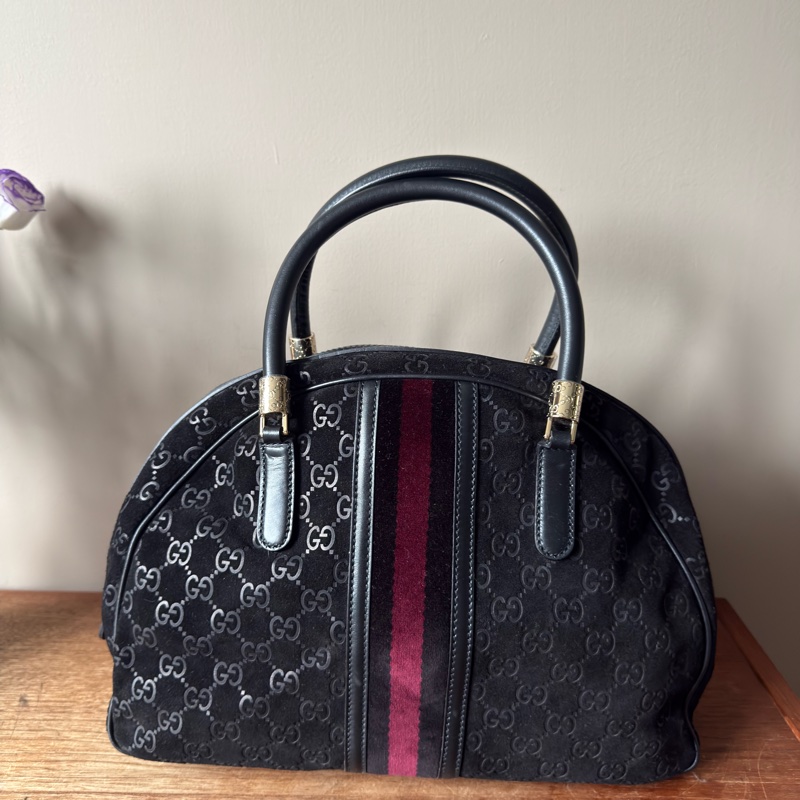 GUCCI 經典黑色麂皮保齡球包/波士頓包-5