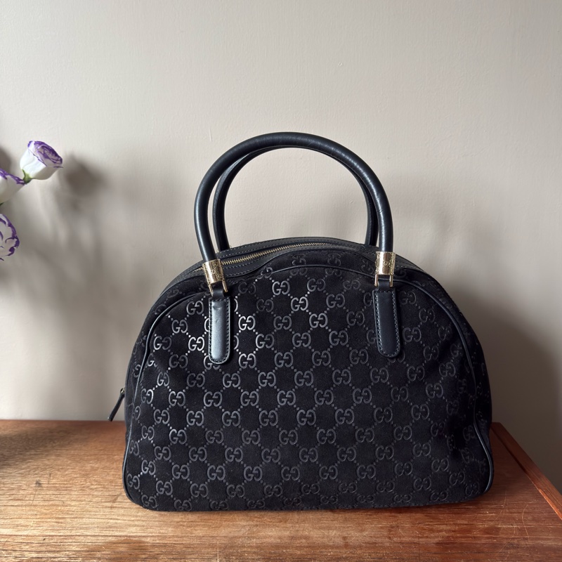 GUCCI 經典黑色麂皮保齡球包/波士頓包-6