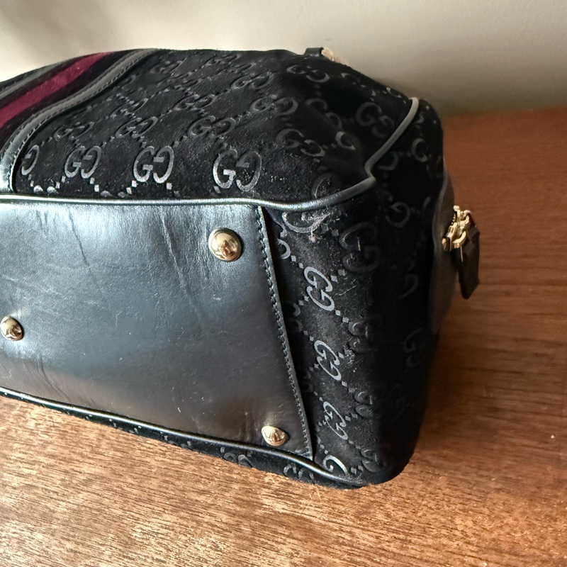 GUCCI 經典黑色麂皮保齡球包/波士頓包-8