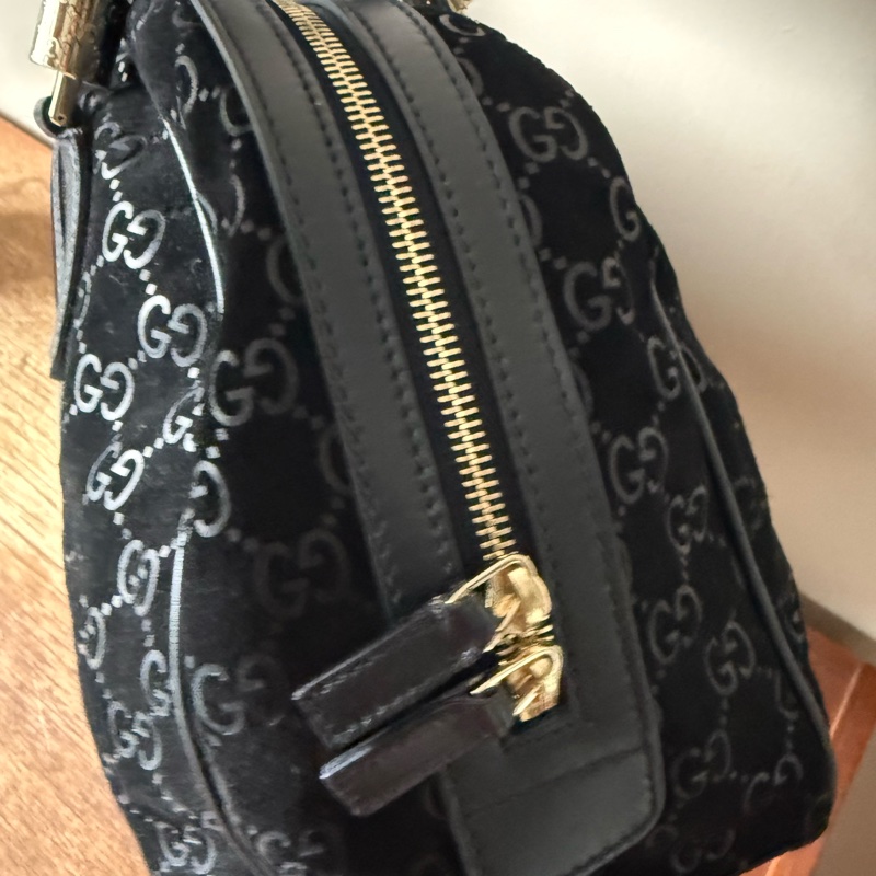 GUCCI 經典黑色麂皮保齡球包/波士頓包-13