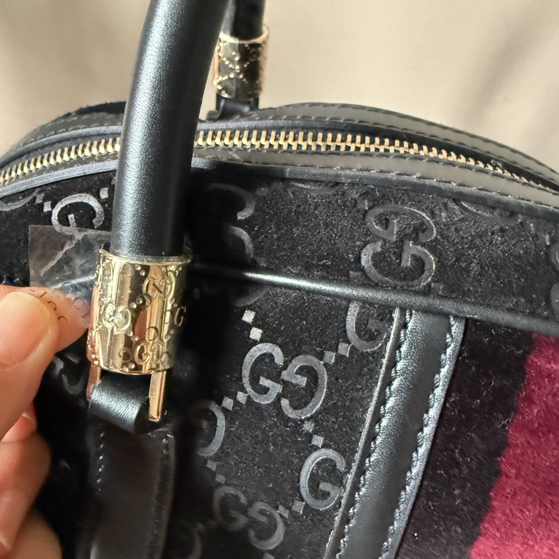 GUCCI 經典黑色麂皮保齡球包/波士頓包-14