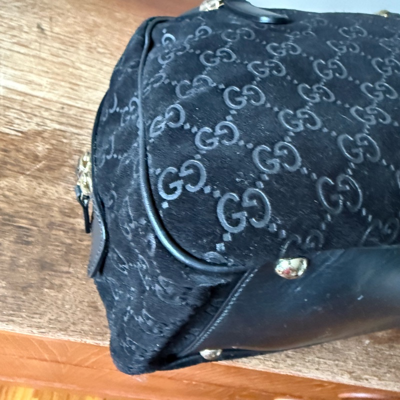 GUCCI 經典黑色麂皮保齡球包/波士頓包-20