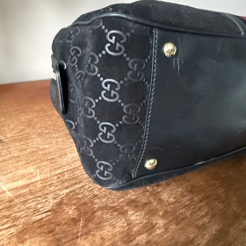 GUCCI 經典黑色麂皮保齡球包/波士頓包-21