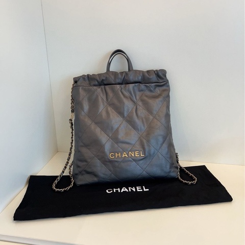 98新Chanel 香奈兒芯片款 22bag槍灰色金字雙肩包