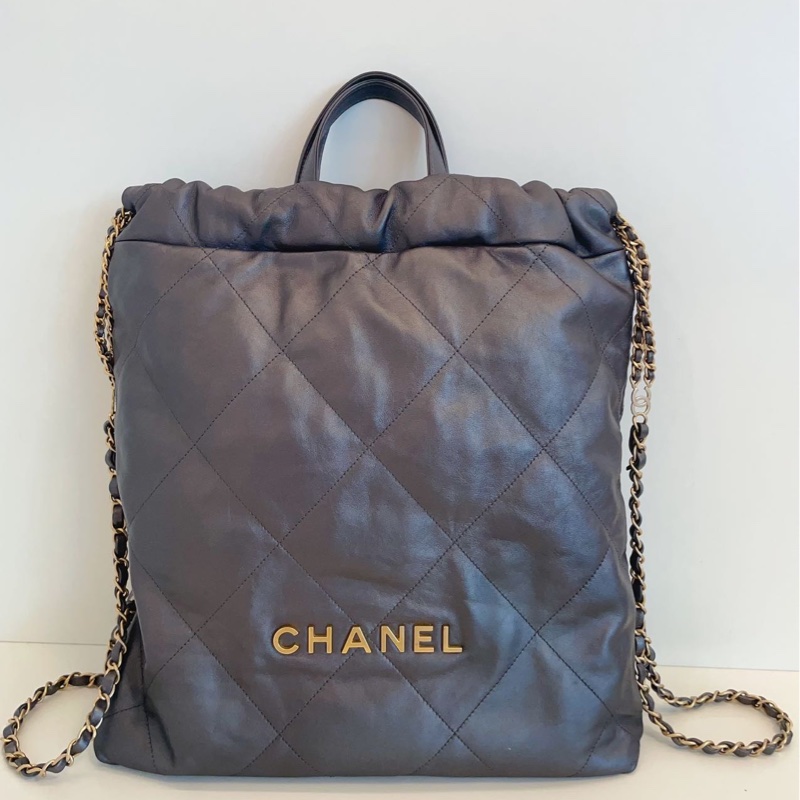 98新Chanel 香奈兒芯片款 22bag槍灰色金字雙肩包-5