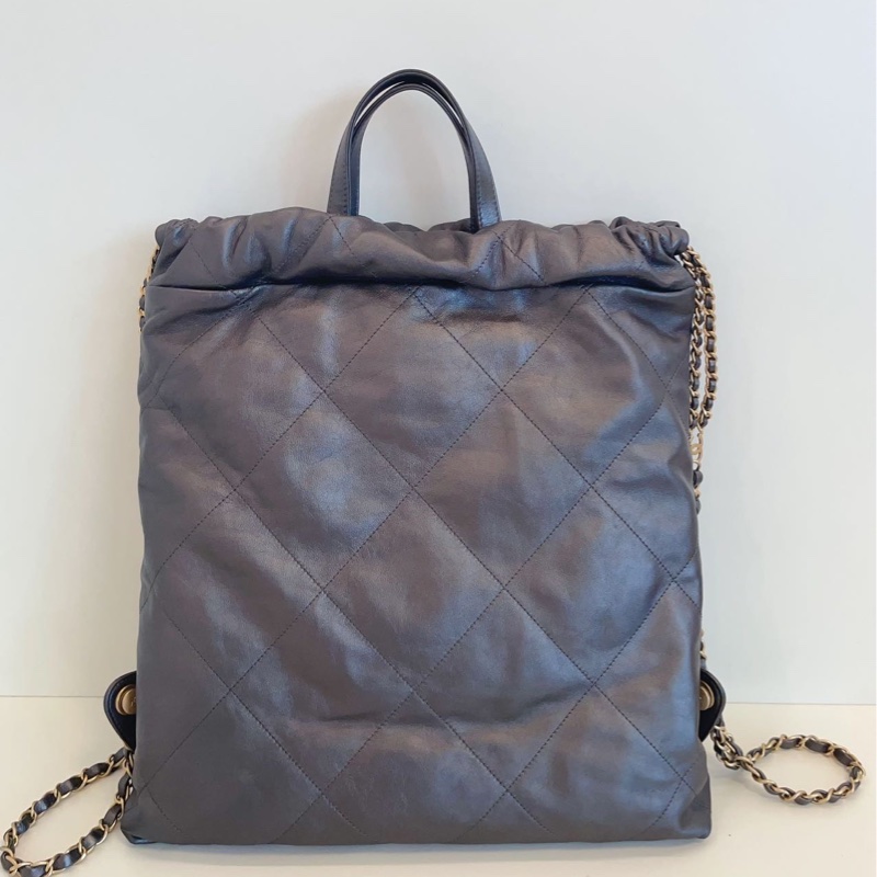 98新Chanel 香奈兒芯片款 22bag槍灰色金字雙肩包-6