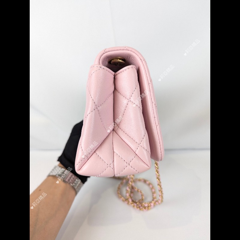 莉亞精品♡CHANEL 粉色琺瑯調節釦方胖 近新美包-4