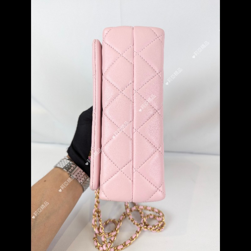 莉亞精品♡CHANEL 粉色琺瑯調節釦方胖 近新美包-5