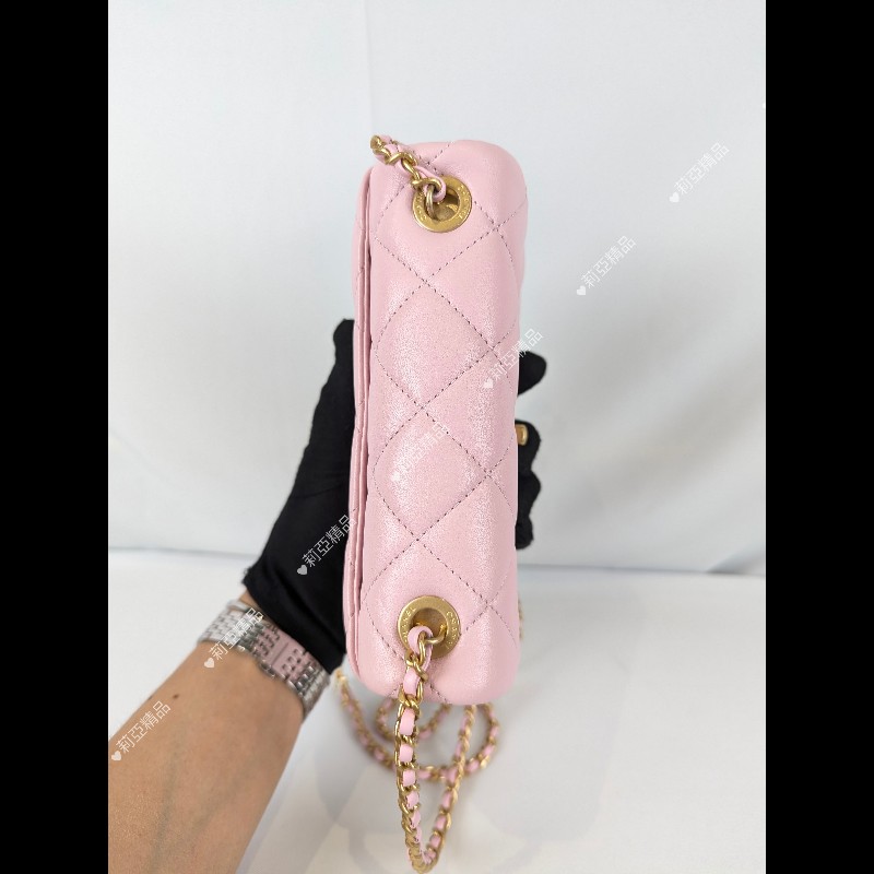 莉亞精品♡CHANEL 粉色琺瑯調節釦方胖 近新美包-6