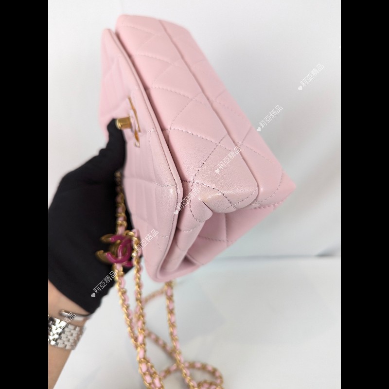 莉亞精品♡CHANEL 粉色琺瑯調節釦方胖 近新美包-10