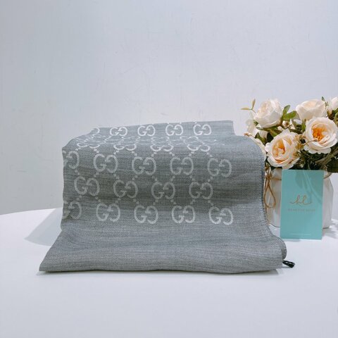 TW4558 Gucci 古馳 灰白色 絲巾 Scarf GG Supreme Grey x White Wool 45x180cm
