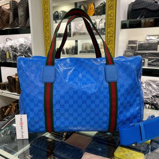 ㊣東區正精品㊣GUCCI 758664 GG SUPERME BOSTON BAG 藍色PVC綠紅綠帶肩背包斜背包旅行袋兩用包 RZ6027-0