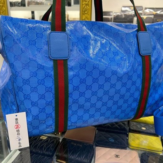 ㊣東區正精品㊣GUCCI 758664 GG SUPERME BOSTON BAG 藍色PVC綠紅綠帶肩背包斜背包旅行袋兩用包 RZ6027-1