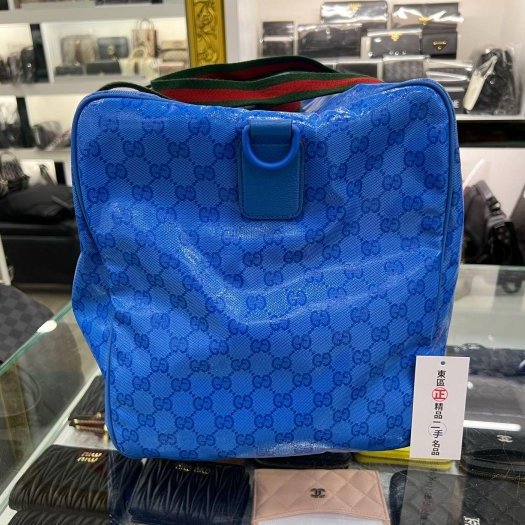 ㊣東區正精品㊣GUCCI 758664 GG SUPERME BOSTON BAG 藍色PVC綠紅綠帶肩背包斜背包旅行袋兩用包 RZ6027-5