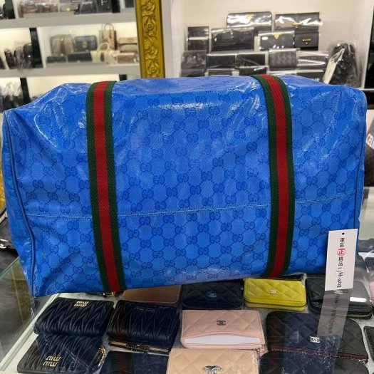㊣東區正精品㊣GUCCI 758664 GG SUPERME BOSTON BAG 藍色PVC綠紅綠帶肩背包斜背包旅行袋兩用包 RZ6027-6