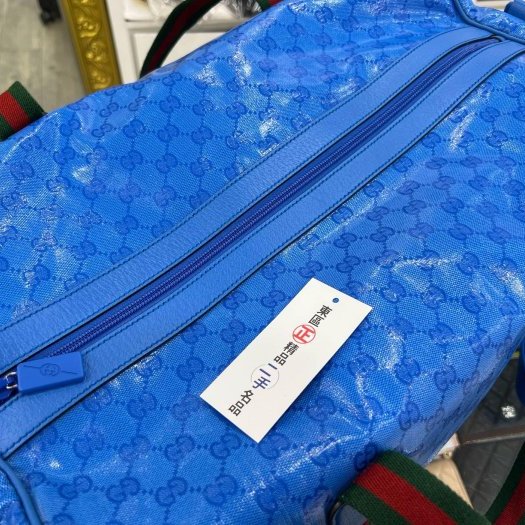 ㊣東區正精品㊣GUCCI 758664 GG SUPERME BOSTON BAG 藍色PVC綠紅綠帶肩背包斜背包旅行袋兩用包 RZ6027-7