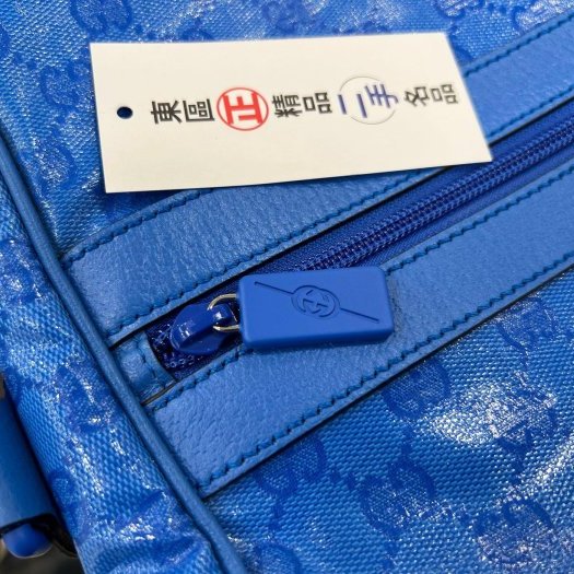 ㊣東區正精品㊣GUCCI 758664 GG SUPERME BOSTON BAG 藍色PVC綠紅綠帶肩背包斜背包旅行袋兩用包 RZ6027-8