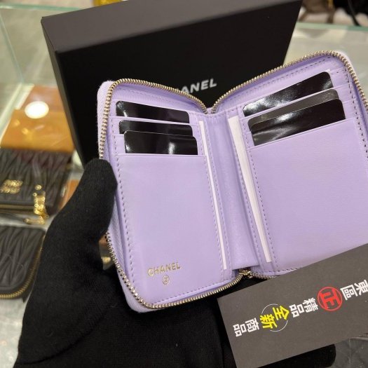 ㊣東區正精品㊣CHANEL 25S AP4652 全新紫色荔枝紋金扣ㄇ字拉鍊短夾 RZ6037-4