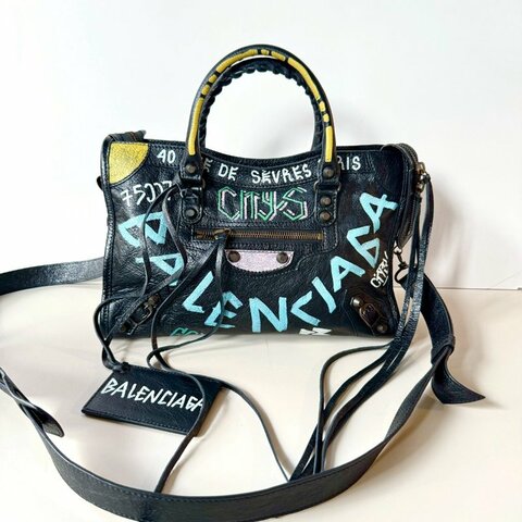Balenciaga 巴黎世家 黑色 彩色 塗鴉 霧黑釦 小羊皮 機車包 小號