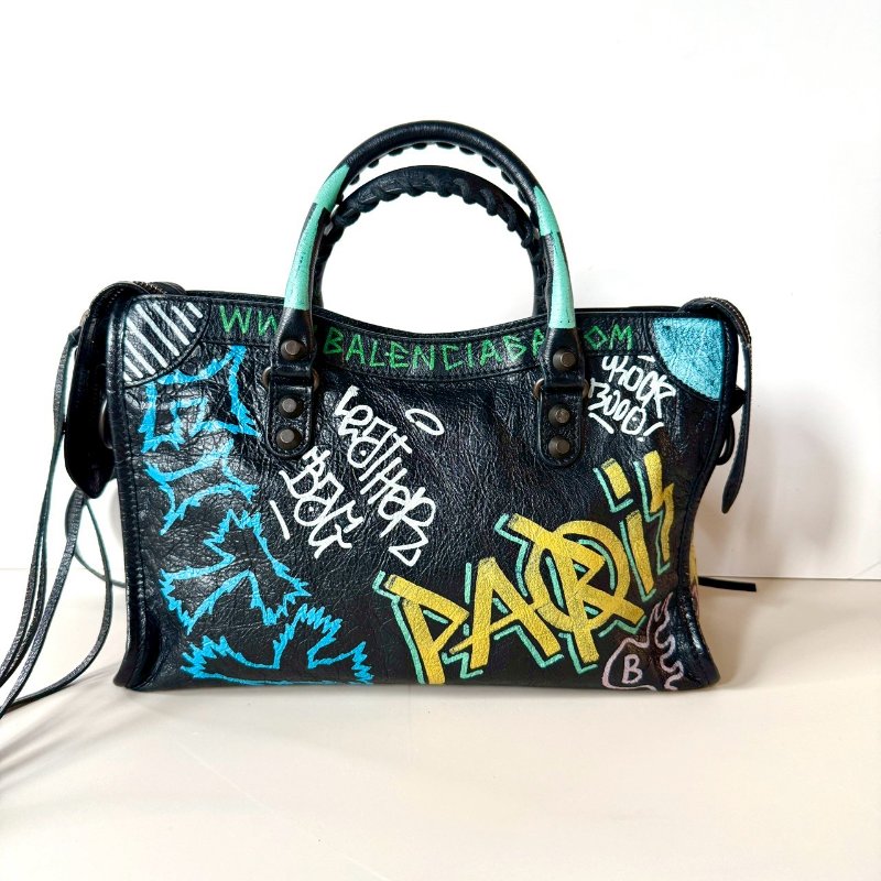 Balenciaga 巴黎世家 黑色 彩色 塗鴉 霧黑釦 小羊皮 機車包 小號-1