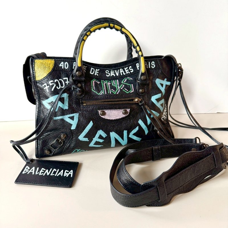 Balenciaga 巴黎世家 黑色 彩色 塗鴉 霧黑釦 小羊皮 機車包 小號-2