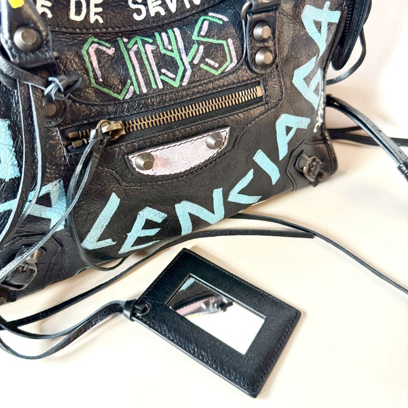 Balenciaga 巴黎世家 黑色 彩色 塗鴉 霧黑釦 小羊皮 機車包 小號-9