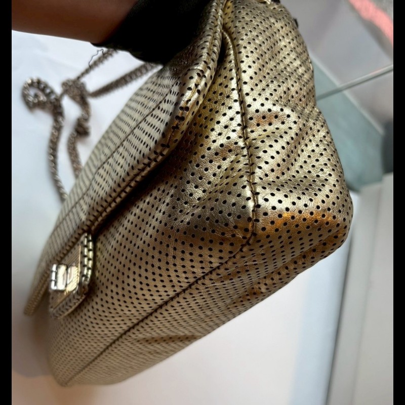 Chanel 銀鍊金色洞洞皮革方釦口蓋包 2.55-9