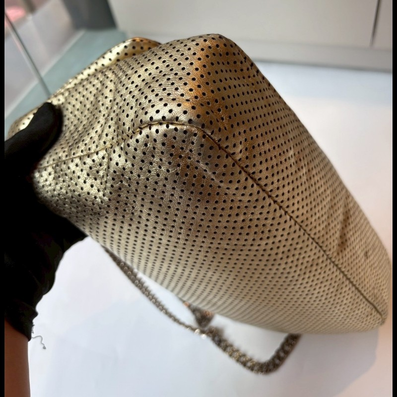 Chanel 銀鍊金色洞洞皮革方釦口蓋包 2.55-10