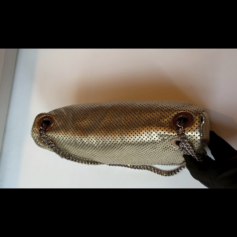 Chanel 銀鍊金色洞洞皮革方釦口蓋包 2.55-12