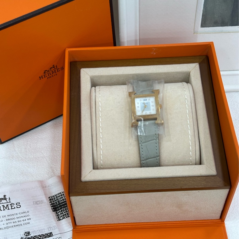 HERMES HEURE H 女士腕錶,11刻度鑽,21mm(最寬處25mm),粉紅色霧面**錶帶,U刻 閒置全套-0