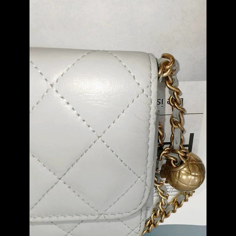 Chanel WOC 金球 淡灰綠色金扣 菱格紋 小羊皮-3