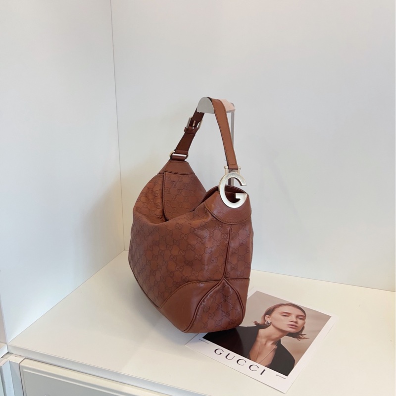 【97新🆕】Gucci 焦糖色全皮GG老花壓紋大飯盒Hobo腋下包 單肩包-1