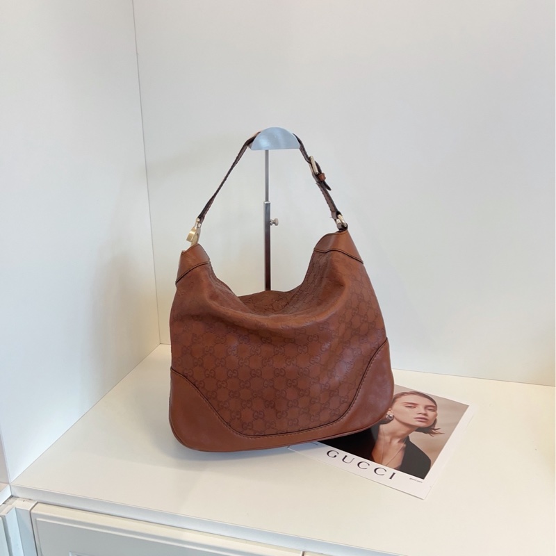 【97新🆕】Gucci 焦糖色全皮GG老花壓紋大飯盒Hobo腋下包 單肩包-2