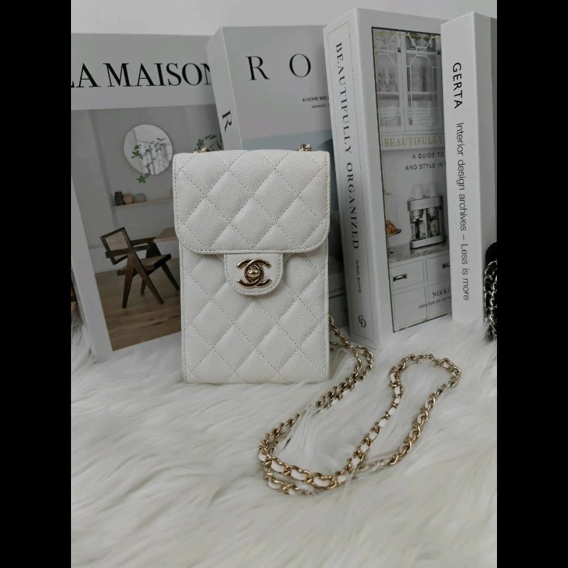 Chanel 白色金扣 雙C 單肩包 31開-0