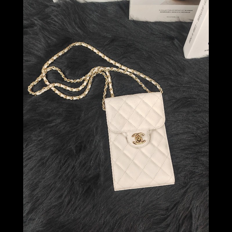 Chanel 白色金扣 雙C 單肩包 31開-1