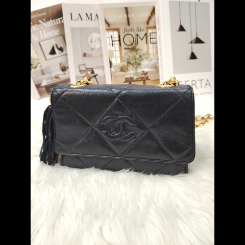 Chanel Vintage 雙C 黑金格菱紋鏈條包 15開