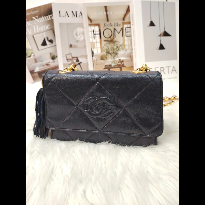 Chanel Vintage 雙C 黑金格菱紋鏈條包 15開-0