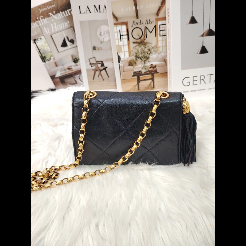 Chanel Vintage 雙C 黑金格菱紋鏈條包 15開-1